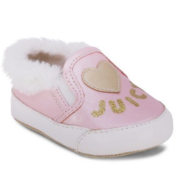 NEW JUICY COUTURE Baby Eureka Faux Fur Trim Gold Glitter Heart Slip On Sneaker